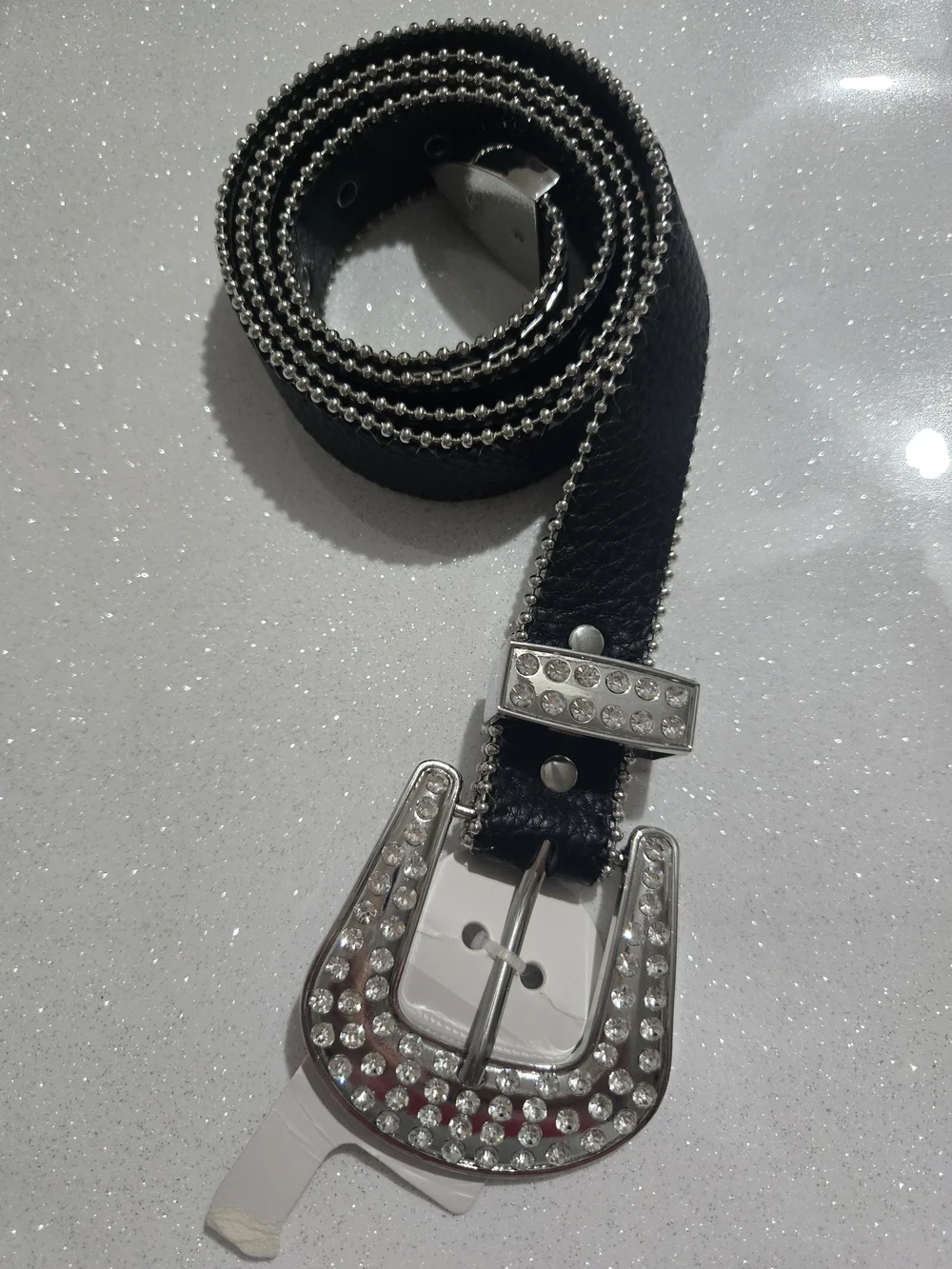 Black Crystal Accent Women’s Belt with Silver Buckle